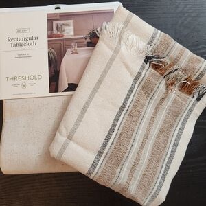 Threshold Striped Table Runner 14" x 72" And Tan Rectangular Tablecloth 60x104